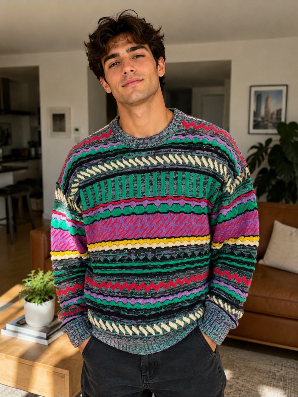 Vintage Colorful Multicolor Patterned Men's Crewneck Sweater New !!
